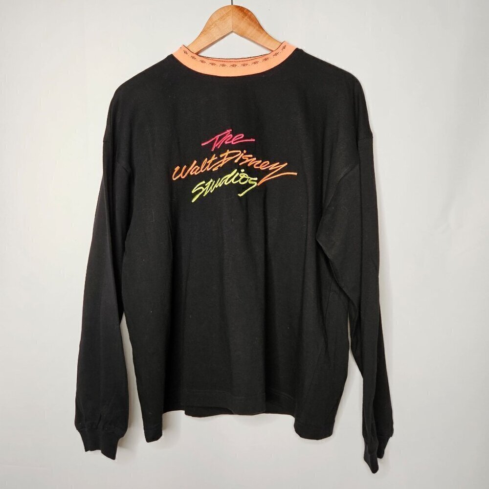 Vintage Disney‎ Wear Walt Disney Studios Neon Text Black Sweatshirt Small/Medium